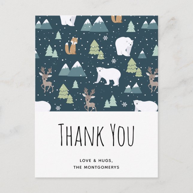 Cute Christmas Winter Animals Pattern Thank You Postcard (Front)