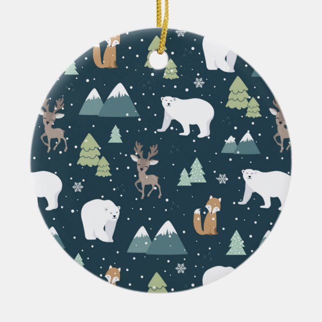 Cute Christmas Winter Animals Rustic Pattern Ceramic Ornament (Front)