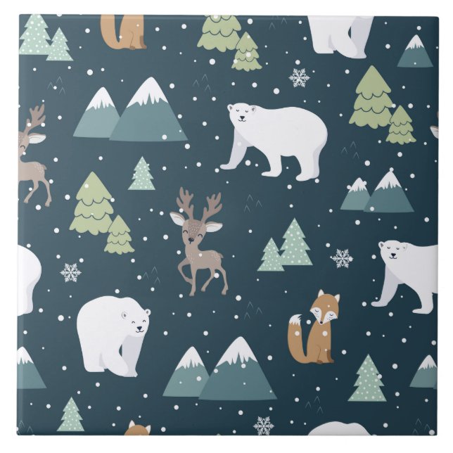 Cute Christmas Winter Animals Rustic Pattern Ceramic Tile (Front)