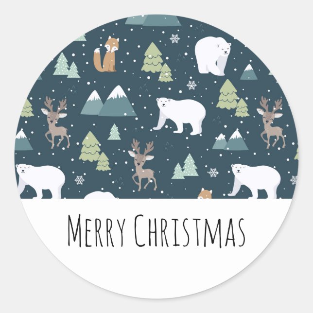 Cute Christmas Winter Animals Rustic Pattern Classic Round Sticker (Front)