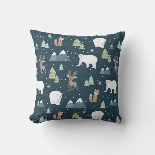 Cute Christmas Winter Animals Rustic Pattern Cushion (Front)