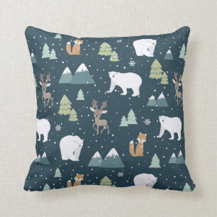 Cute Christmas Winter Animals Rustic Pattern Cushion
