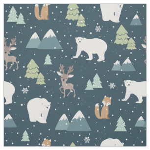 Cute Christmas Winter Animals Rustic Pattern Fabric