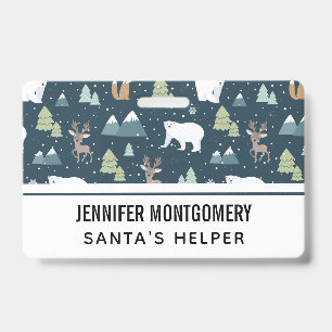 Cute Christmas Winter Animals Rustic Pattern ID Badge
