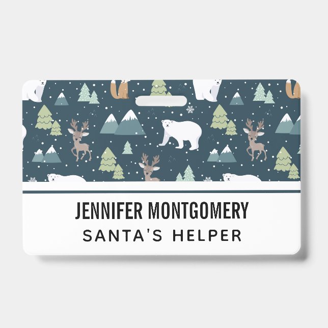 Cute Christmas Winter Animals Rustic Pattern ID Badge (Front)