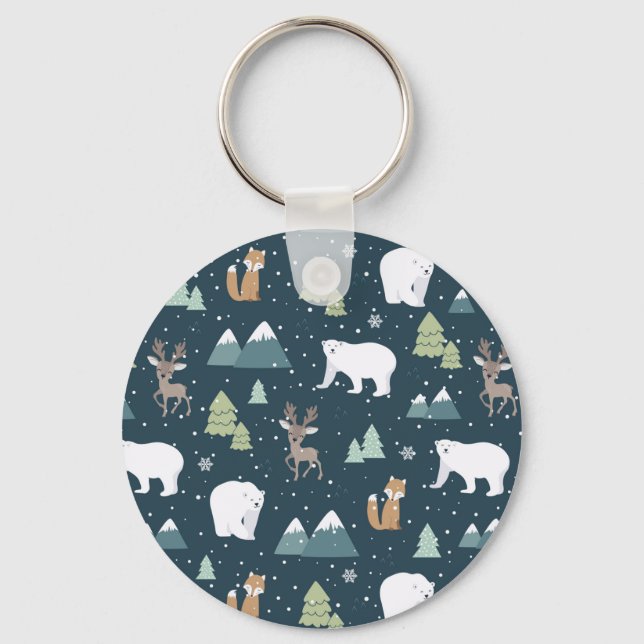 Cute Christmas Winter Animals Rustic Pattern Key Ring (Front)