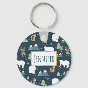 Cute Christmas Winter Animals Rustic Pattern Key Ring