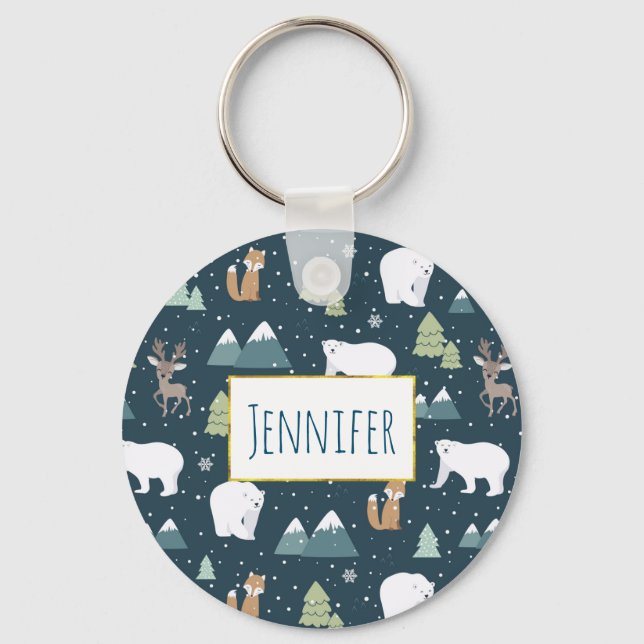 Cute Christmas Winter Animals Rustic Pattern Key Ring (Front)