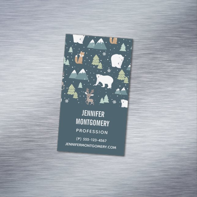 Cute Christmas Winter Animals Rustic Pattern Magnetic Business Card (In Situ)