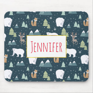 Cute Christmas Winter Animals Rustic Pattern Mouse Pad