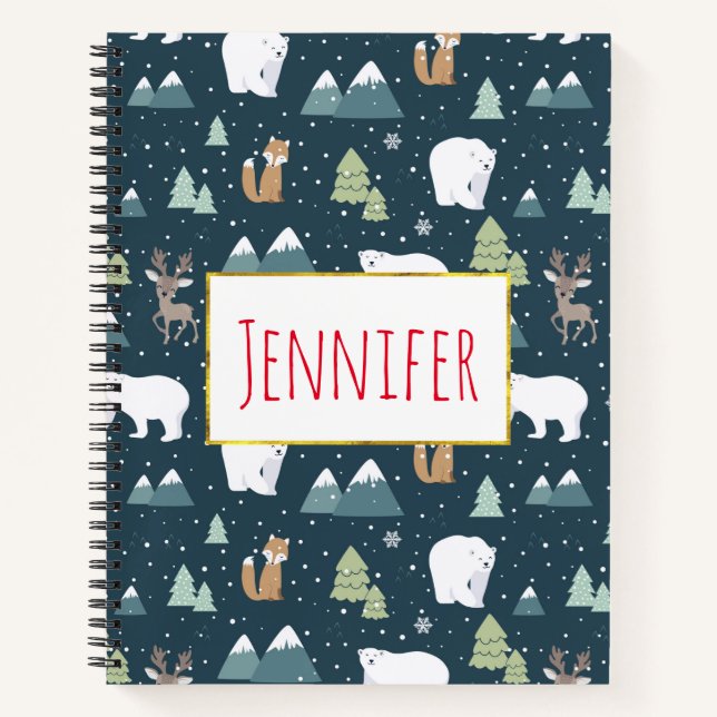 Cute Christmas Winter Animals Rustic Pattern Notebook (Front)