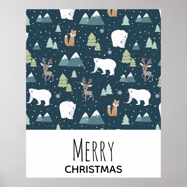 Cute Christmas Winter Animals Rustic Pattern Poster (Front)