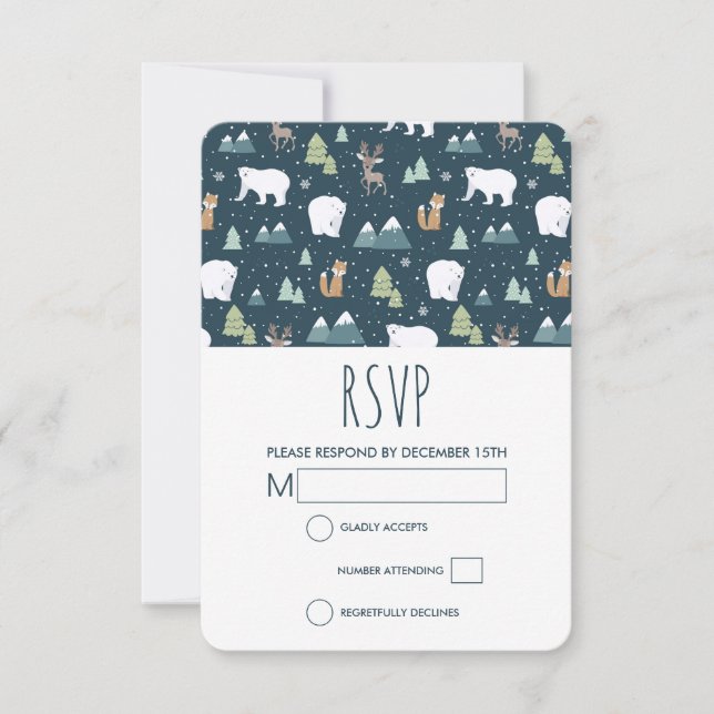 Cute Christmas Winter Animals Rustic Pattern RSVP Card (Front)