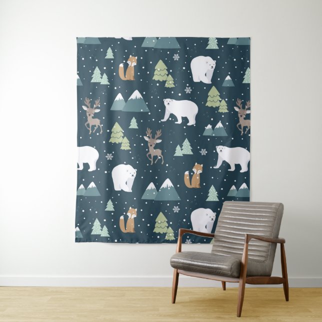 Cute Christmas Winter Animals Rustic Pattern Tapestry (In Situ)