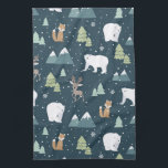 Cute Christmas Winter Animals Rustic Pattern Tea Towel<br><div class="desc">Kitchen towel with a whimsical festive pattern. Polar bears,  reindeers,  trees. foxes,  and snowflakes. On a dark green background.</div>