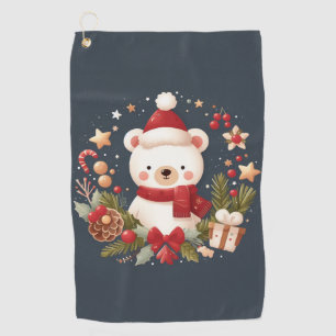 Cute Christmas/Winter bear in wreath Golf Towel