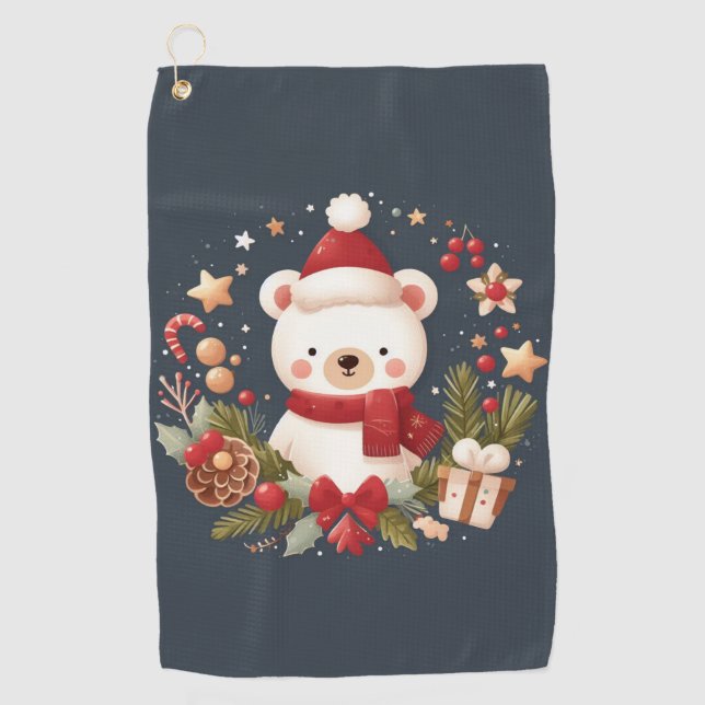 Cute Christmas/Winter bear in wreath Golf Towel (Front)