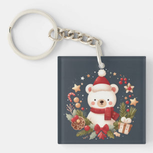 Cute Christmas/Winter bear in wreath Key Ring