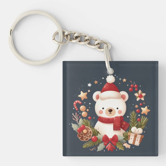 Cute Christmas/Winter bear in wreath Key Ring (Front)