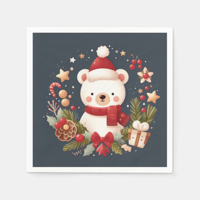 Cute Christmas/Winter bear in wreath Napkin (Front)