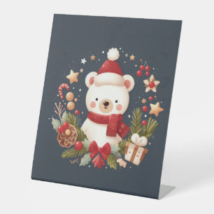 Cute Christmas/Winter bear in wreath Pedestal Sign
