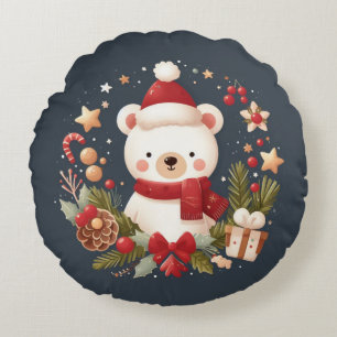 Cute Christmas/Winter bear in wreath Round Cushion