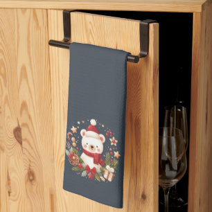 Cute Christmas/Winter bear in wreath Tea Towel