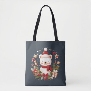 Cute Christmas/Winter bear in wreath Tote Bag