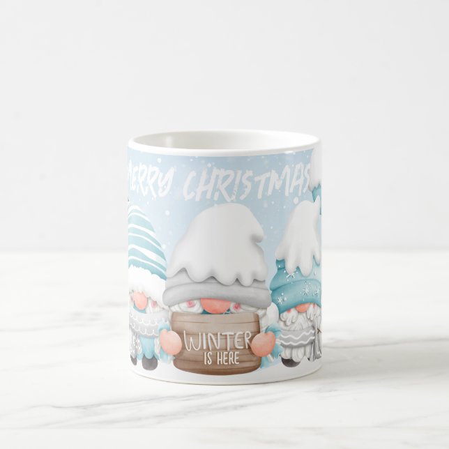 Cute Christmas Winter Elves and Snowman Art Coffee Mug (Center)
