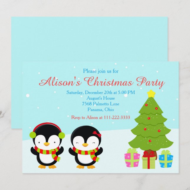 Cute Christmas Winter Penguins and Tree Invitation (Front/Back)