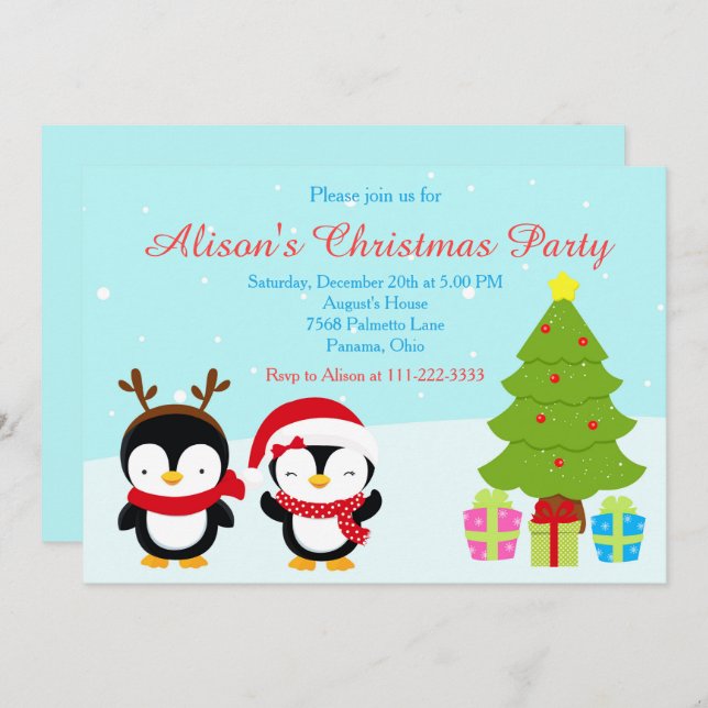 Cute Christmas Winter Penguins and Tree Invitation (Front/Back)