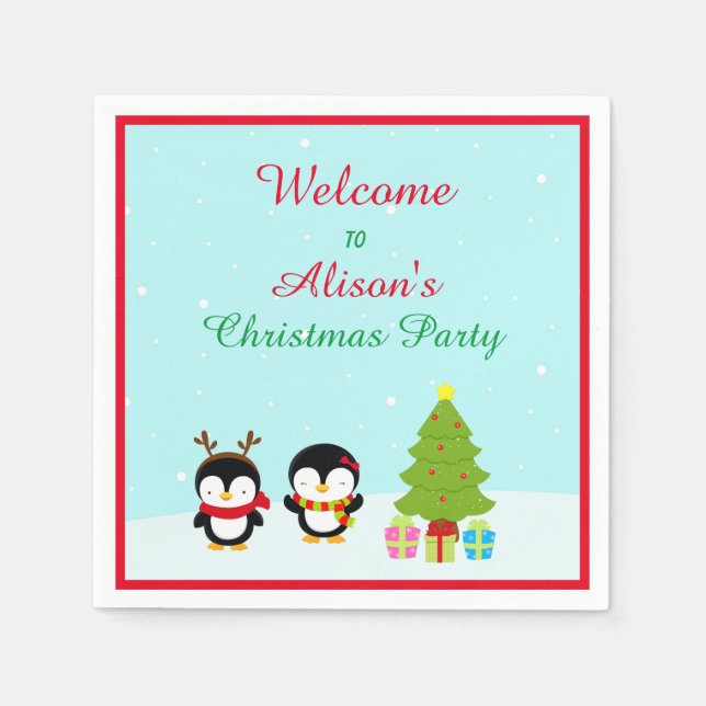 Cute Christmas Winter Penguins and Tree Napkin (Front)