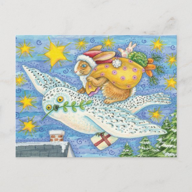 Cute Christmas with Rabbit as Santa Claus on Owl Holiday Postcard (Front)