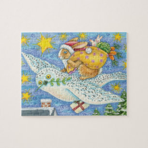 Cute Christmas with Rabbit as Santa Claus on Owl Jigsaw Puzzle