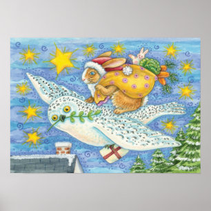 Cute Christmas with Rabbit as Santa Claus on Owl Poster