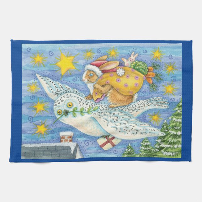Cute Christmas with Rabbit as Santa Claus on Owl  Tea Towel (Horizontal)