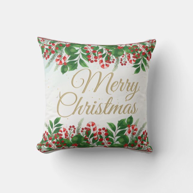  Cute Christmas with Red berries wreath floral Cushion (Front)