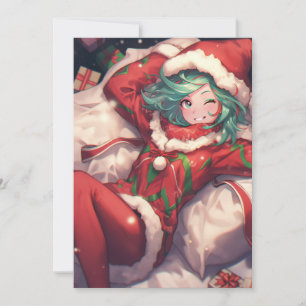 Cute Christmas Xmas Holiday Red Green Anime Girl Card