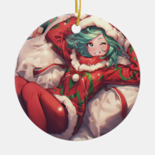 Cute Christmas Xmas Holiday Red Green Anime Girl Ceramic Ornament