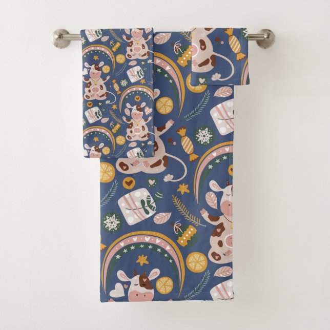 Cute Christmas Yoga Cow Whimsical Pattern Blue Bath Towel Set (Insitu)