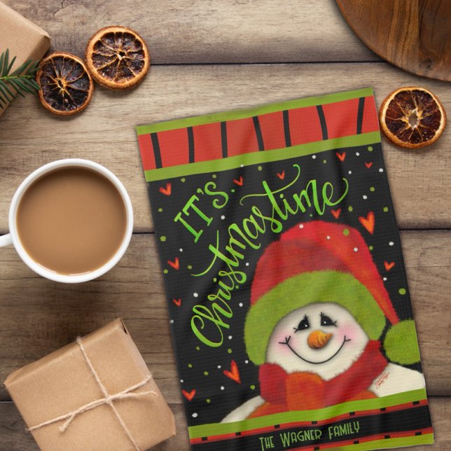 Cute Christmastime Snowman Red Green Personalised  Tea Towel (Creator Uploaded)