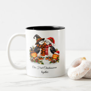 Cute Christmasween Puffins Romantic Couples Two-Tone Coffee Mug