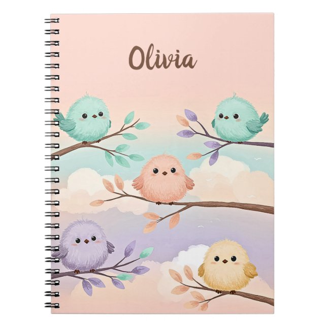 Cute Chubby Baby Birds on Branches Notebook (Front)