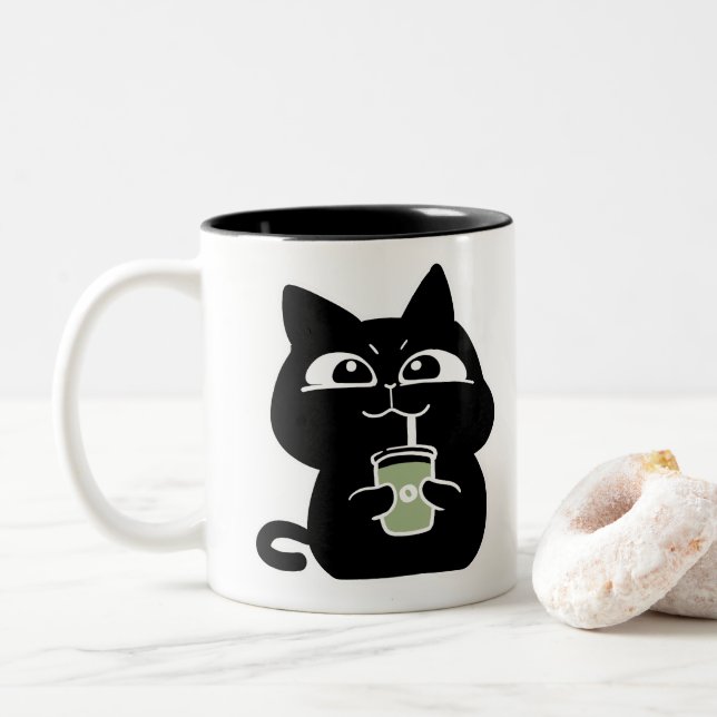 Cute Chubby Black Cat Coffee Mug (With Donut)
