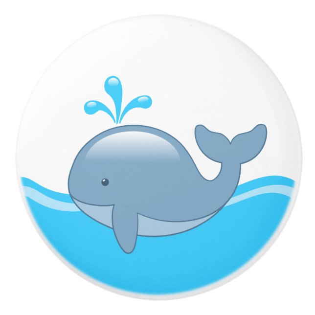 Cute Chubby Cartoon Whale in Ocean Ceramic Knob (Front)