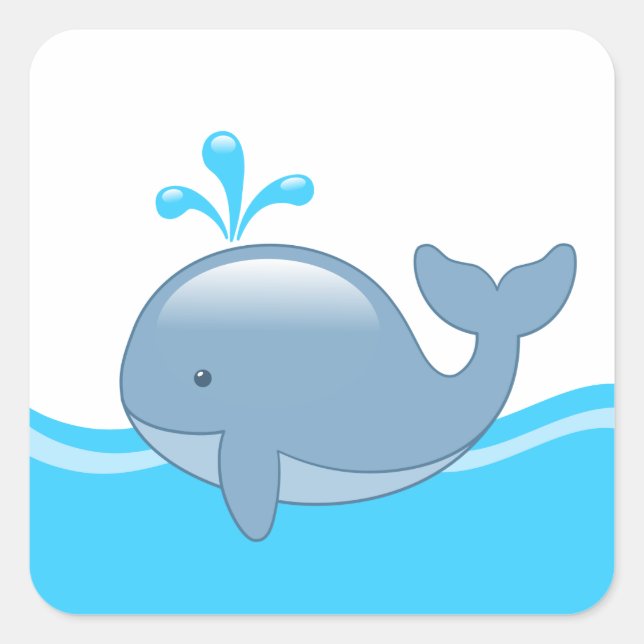 Cute Chubby Cartoon Whale in Ocean Square Sticker (Front)