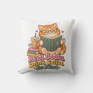 Cute Chubby Cat Reading Book and Coffee Throw Pill Cushion