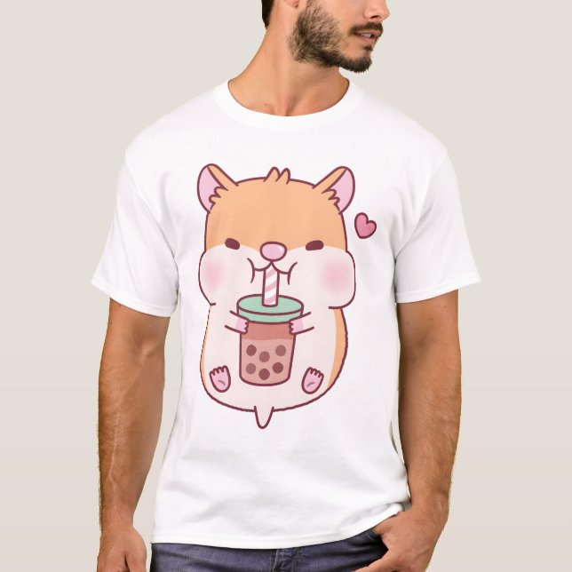 Cute Chubby Hamster Loves Boba Tea T-Shirt (Front)
