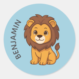 Cute Chubby Lion Blue Custom Name Classic Round Sticker