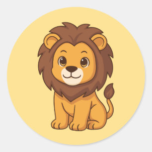 Cute Chubby Lion on Yellow Classic Round Sticker